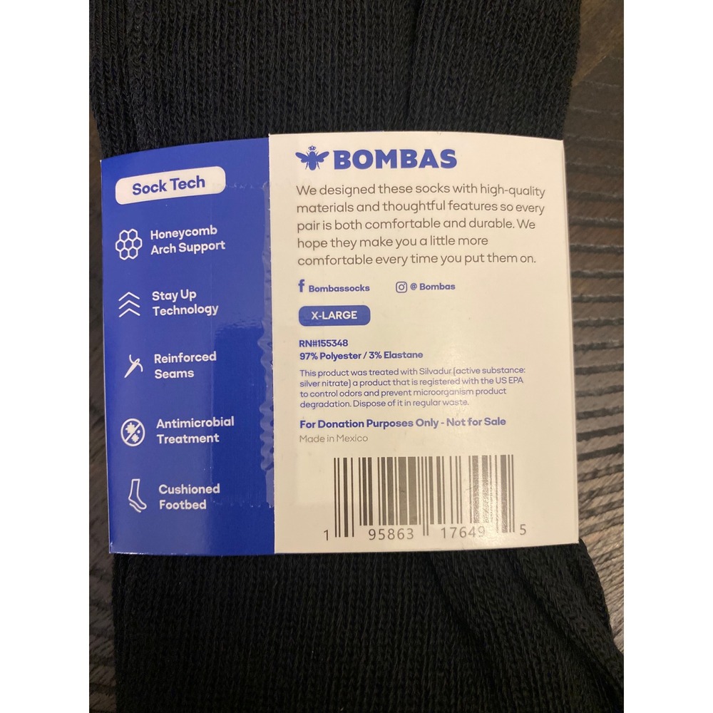 Bombas Mens Crew Socks 3 Pairs Black Grey Striped Honeycomb Arch Support XL NEW - Picture 4 of 4